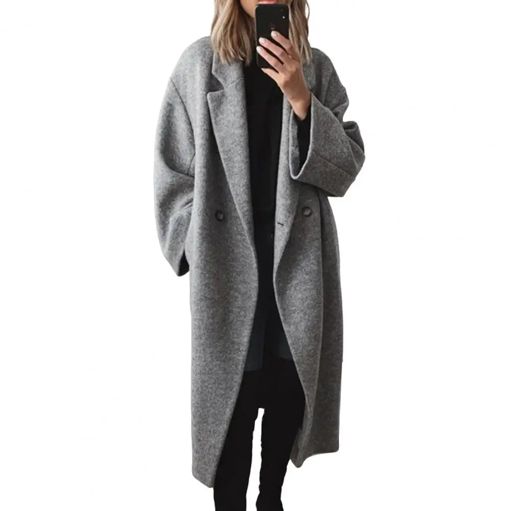 Women Cardigan Long Sleeves Pockets Straight Fit Outerwear Autumn Winter Solid Color Long Cardigan Coat