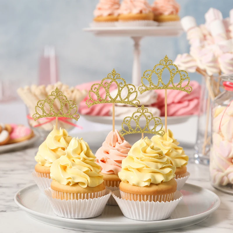 YOMDID 24Pcs Princess Crown Cupcake Toppers Glitter Crown Toppers Gold Crown Cake Toppers Bridal Wedding Birthday Party Supplies