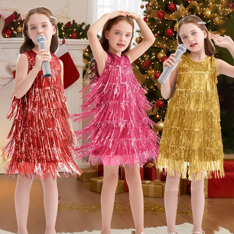 LOlanta Girls Sequin Fringe Dress Layered Sparkly Tassel Sleeveless Vintage 20s Flapper Dress Dance Party Pageant Birthday Dress