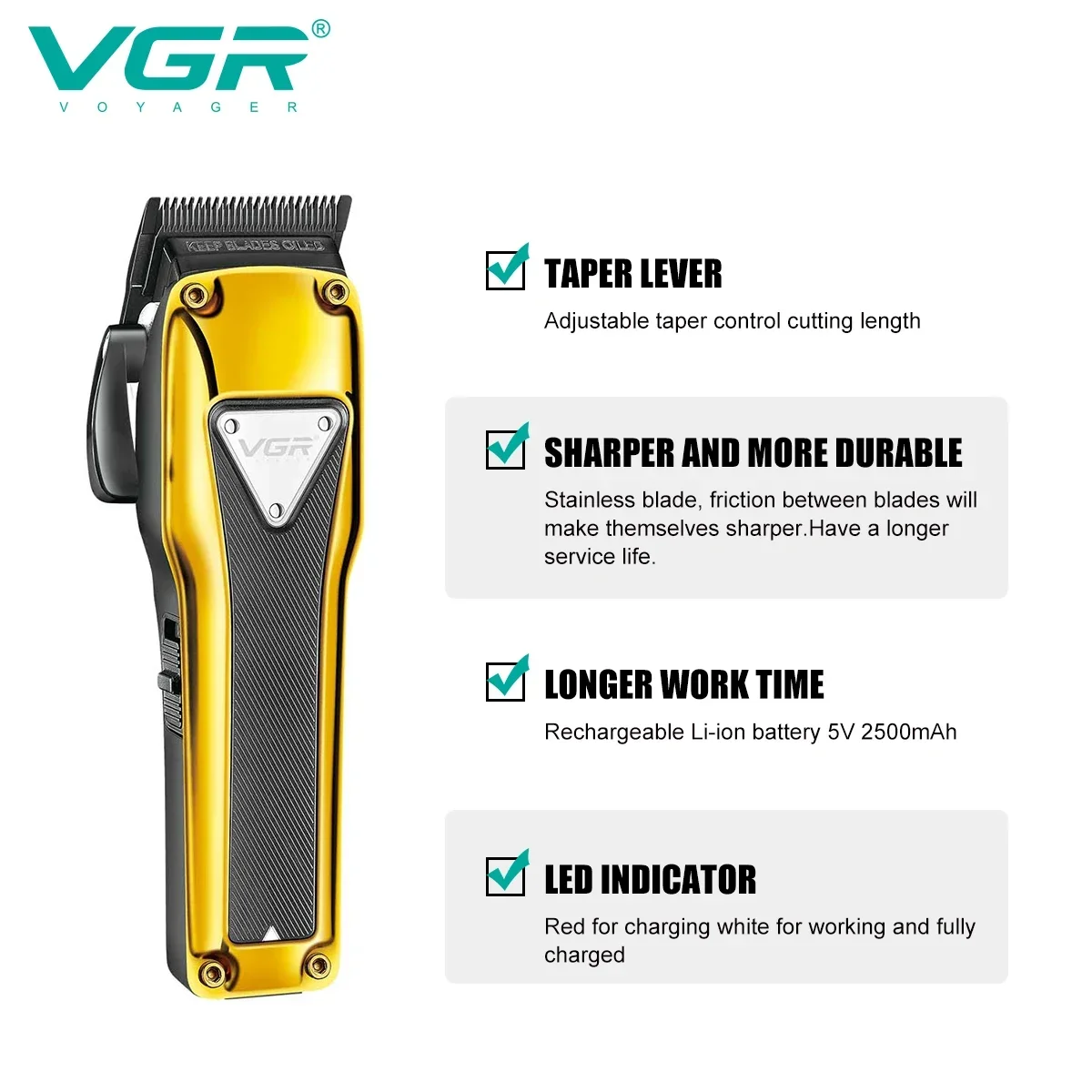 VGR Hair Clipper Cordless Hair Trimmer Brushless Motor Hair Cutting Machine Metal Haircut Machine Clipper for Men V-135 V-907