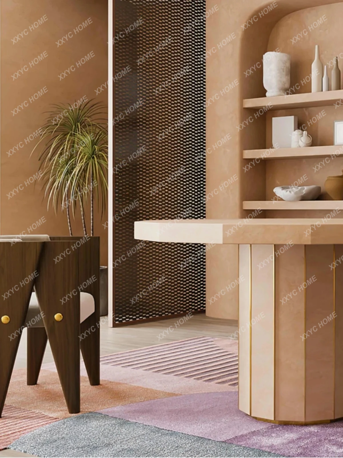 Kreatives Design, Walnussfarbe, gebogene Rückenlehne, große Schere, Freizeit, Esszimmerstuhl, Zuhause, Modellzimmer