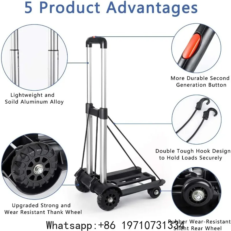 Folding Hand Truck, 4-Wheel Solid Construction Utility Cart with Aluminum Telescopic Rod, Foldable Roller Shopping