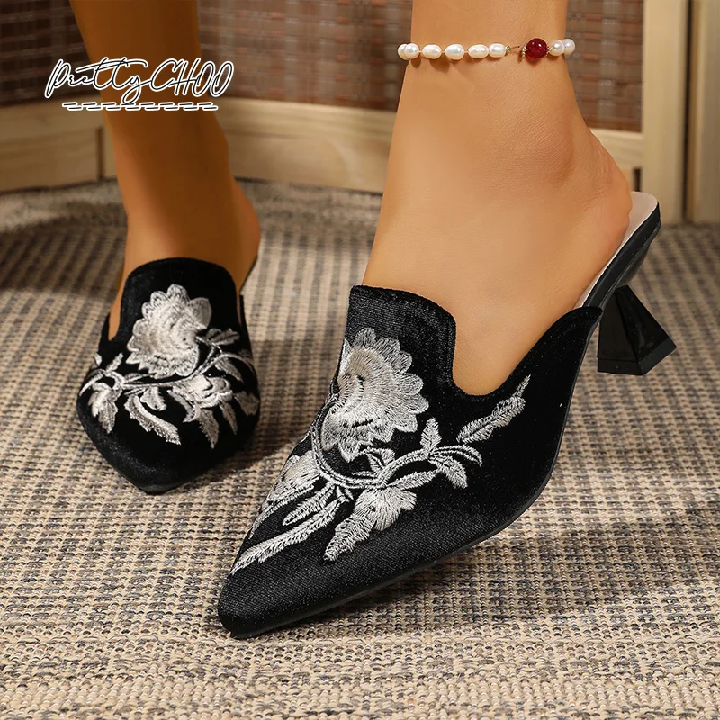 خمر التطريز المخملية عالية الكعب البغل امرأة أنيقة أشار تو زهرة القطيفة مضخة الشريحة السيدات مساء أحذية الحفلات خنجر