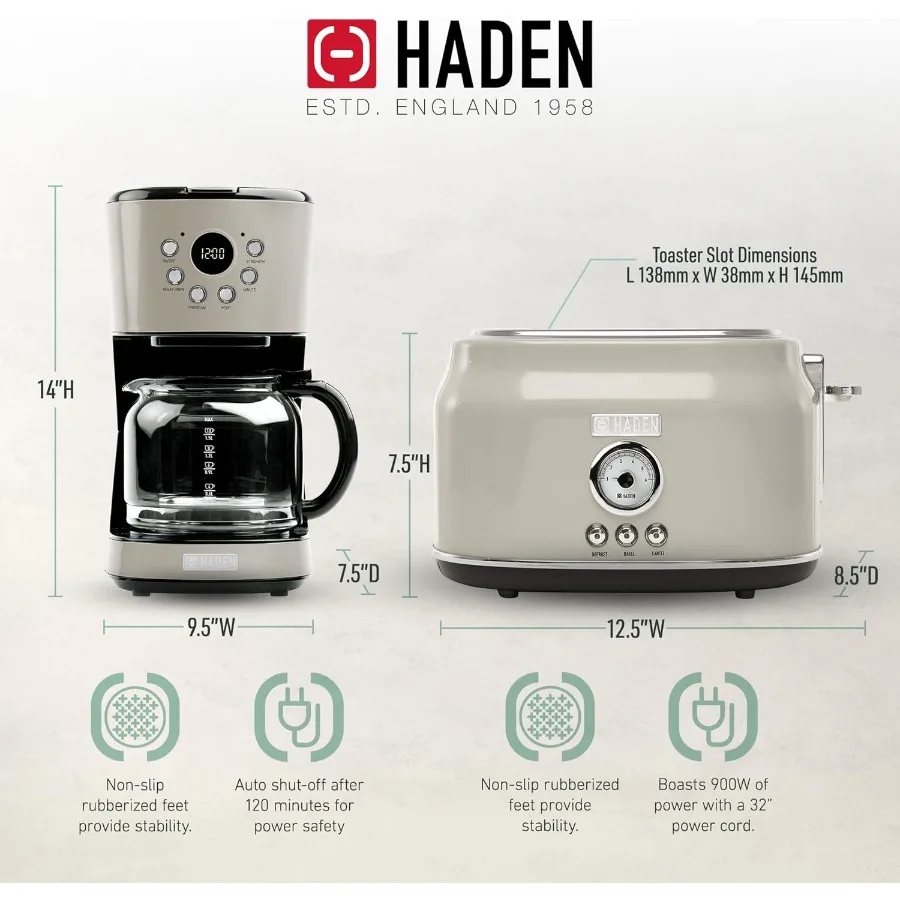 12 kopjes programmeerbaar druppelkoffiezetapparaat met geïntegreerde 2 sneden roestvrijstalen broodrooster met brede sleuf in stopverf en verchroomde afwerking voor Ho