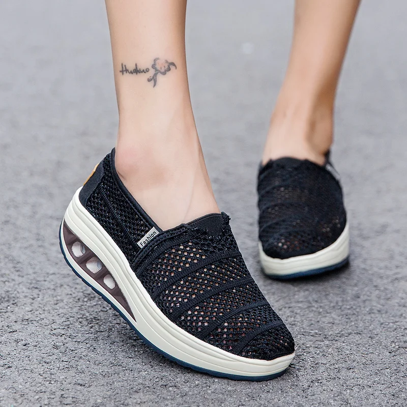 STRONGSHEN Summer Women Fashion Vulcanized Wedges Shoes Platform Ladies Shoes Casual Breathable Hollow Out Mesh Walking Shoes