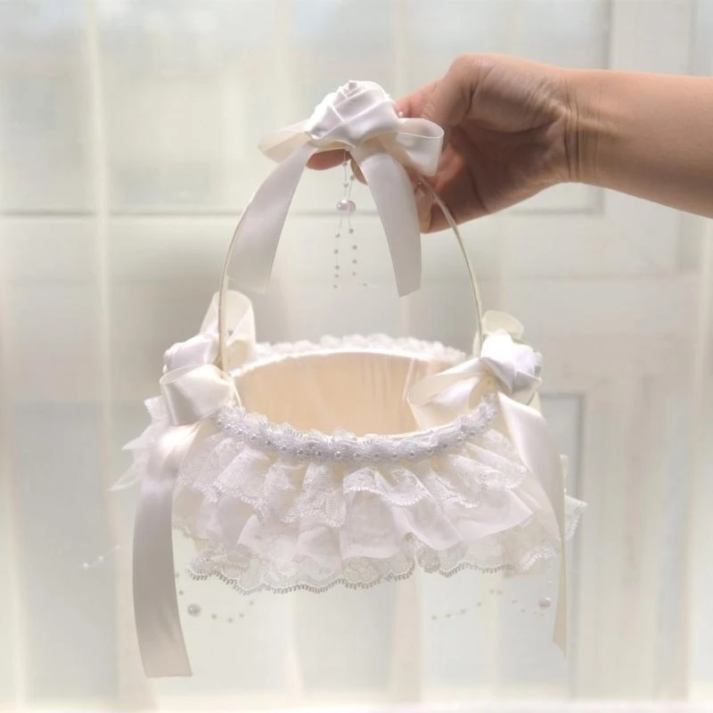 G92C Wedding Flower Girl Baskets with Flower Handle Lace Ruffle Bowknot Flower Basket