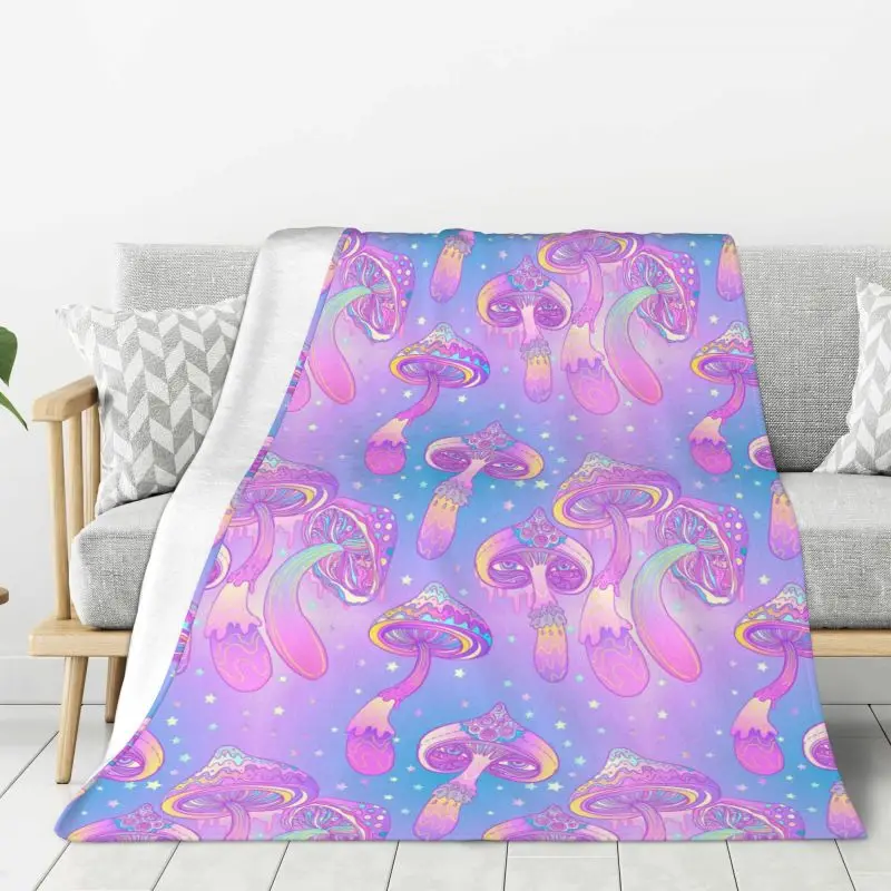 Custom Ultra-Soft Fleece Magic Mushroom Trippy Psychedelic Neon Pastel Goth Throw Blanket Warm Flannel Blankets Sofa Bedspreads