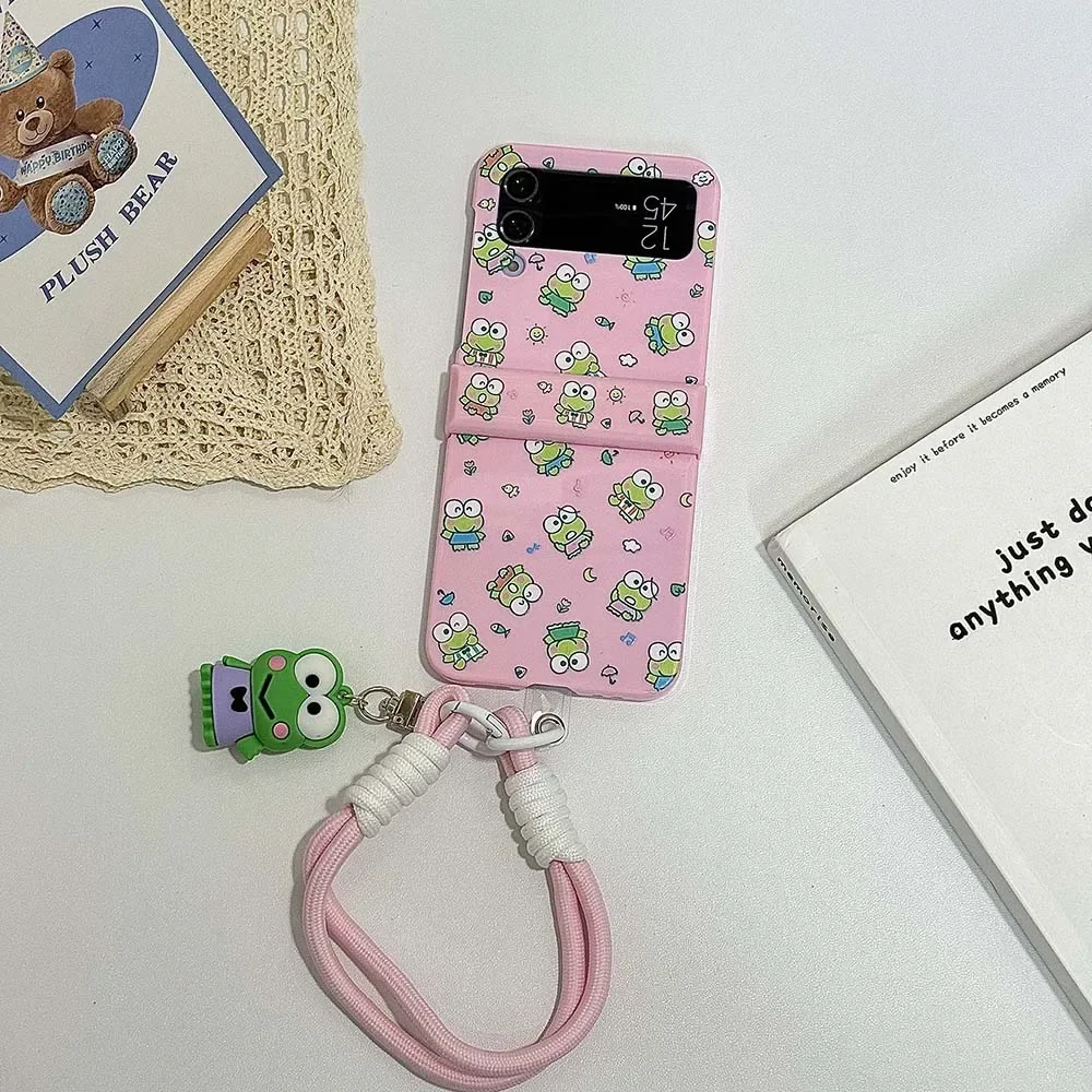 Hot Cartoon Cute Frog with Lanyard Phone Case for Samsung Galaxy Z Flip 3 4 Z Flip 5 6 5G PC Hard Anti-drop New Back Cover Funda