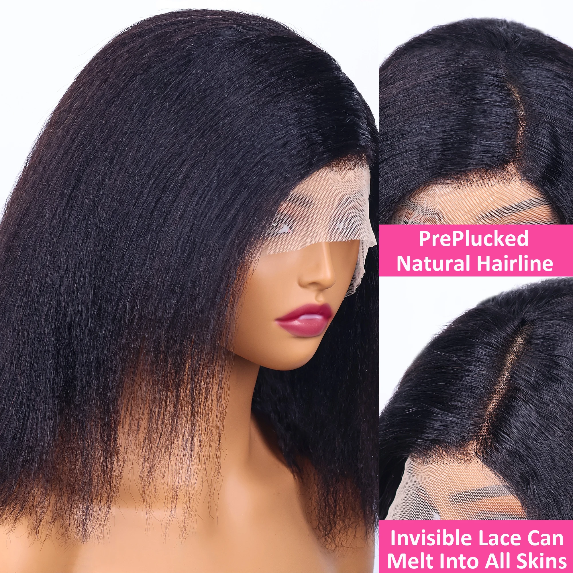 14インチボブウィッグ人毛縮れストレート13x4レースフロントウィッグナチュラルブラック透明レースフロントウィッグ女性用200密度