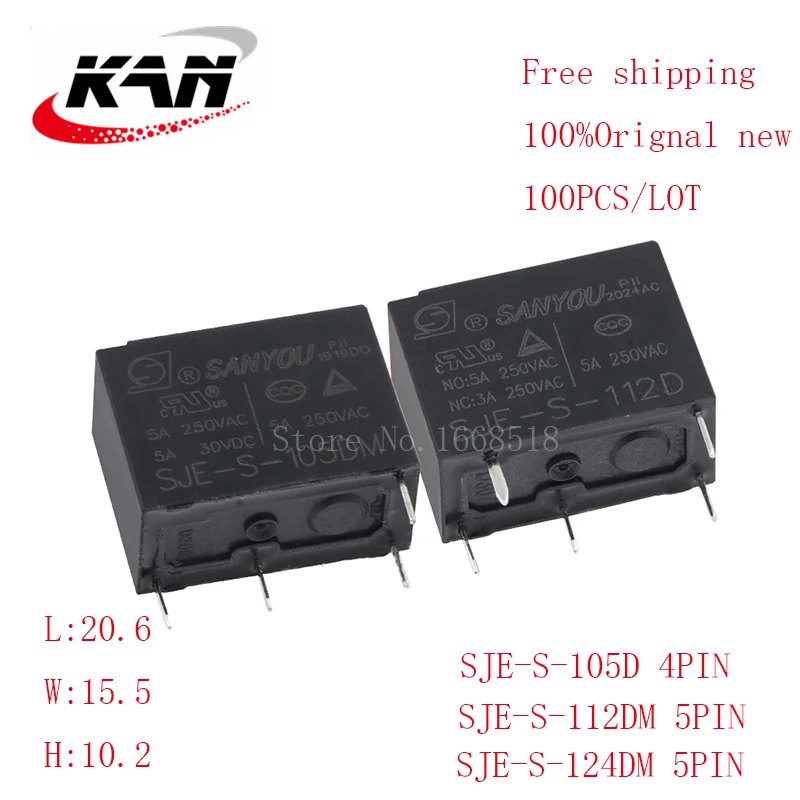 

Free shipping 100pcs relay SJE-S-105DM SJE-S-112DM SJE-S-124DM 5VDC 12VDC 24VDC 5A 250VAC 4PIN Original New