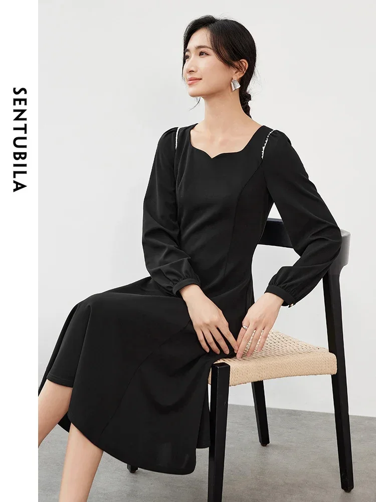 SENTUBILA French A Line Black Dress for Women 2024 Autumn Pearl Woven Tape Folds Long Sleeve Elegant Women Dress 143L56684