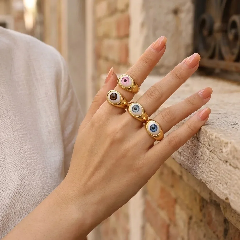 Fashion Copper Gold Plated Demon Eyes Finger Ring Vintage Cool Resin Eyes Ring Gothic Creative Punk Eyeball Ring Hipster