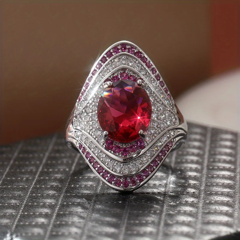 Fashion Exaggerated Wide Face Ring For Women Inlay Synthetic Red White Zirconia Sparkling Ring Gorgeous Luxurious Jewelry