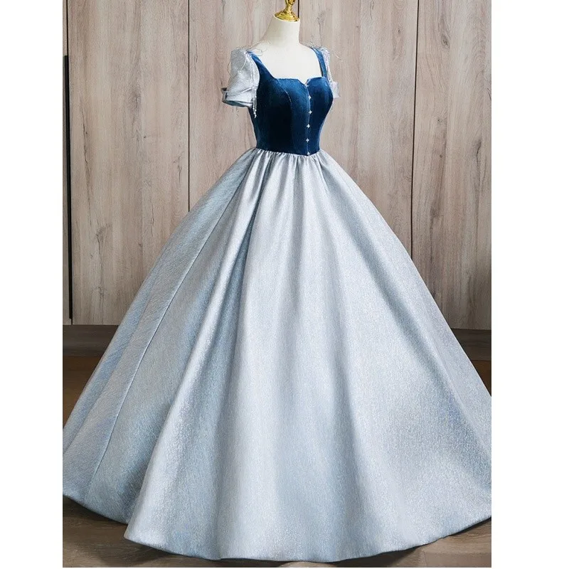 Blaue Prinzessin Quince anera Kleid mit kurzen Ärmeln einfache Vintage boden lange Abschluss kleider neue Satin elegante Ballkleider