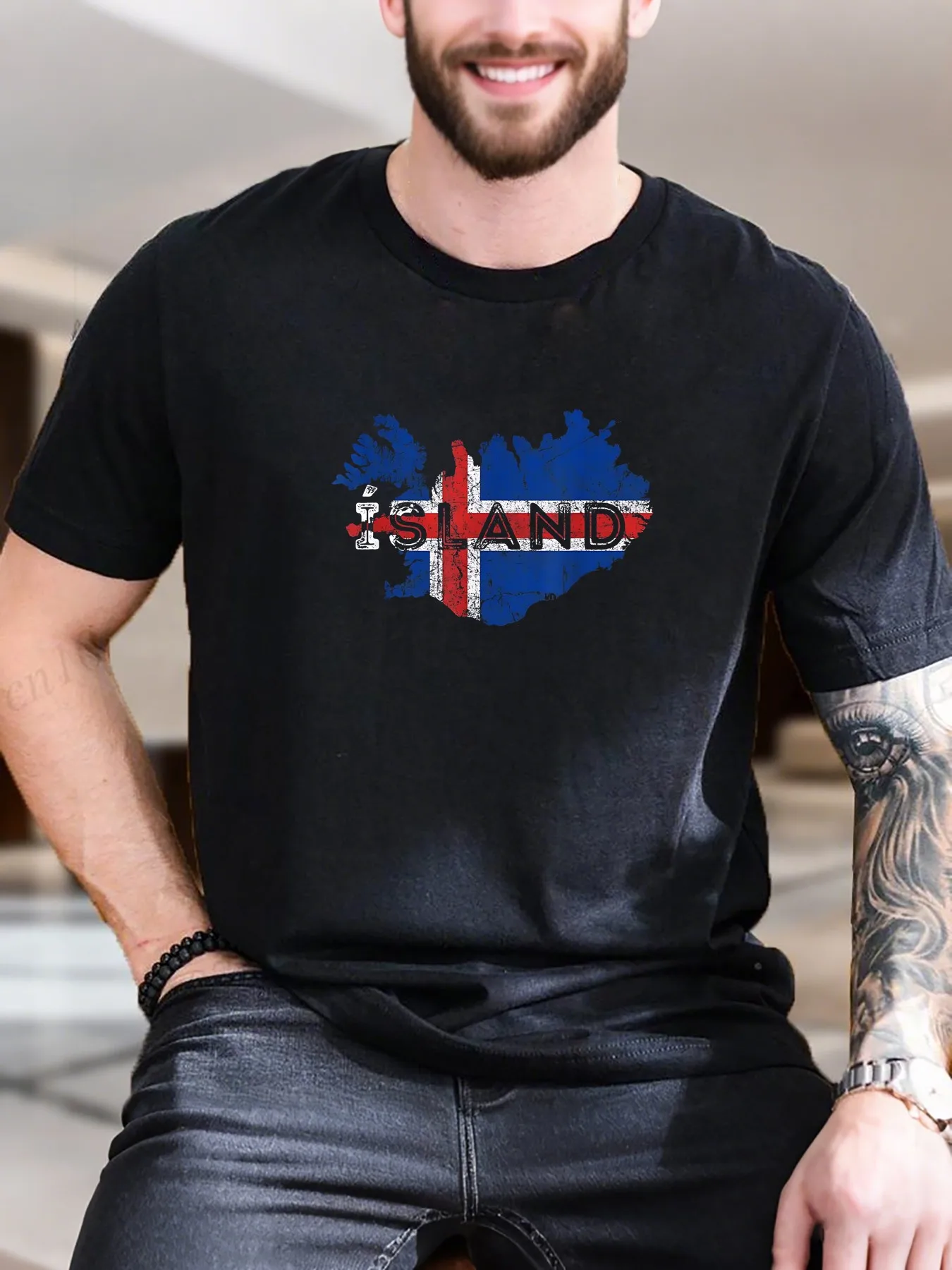 

New Arrival Fashion Iceland Map Print T-Shirt Men's Graphic Cotton Tee Breathable Soft Casual Top with Flag Design Trendy Streetwear