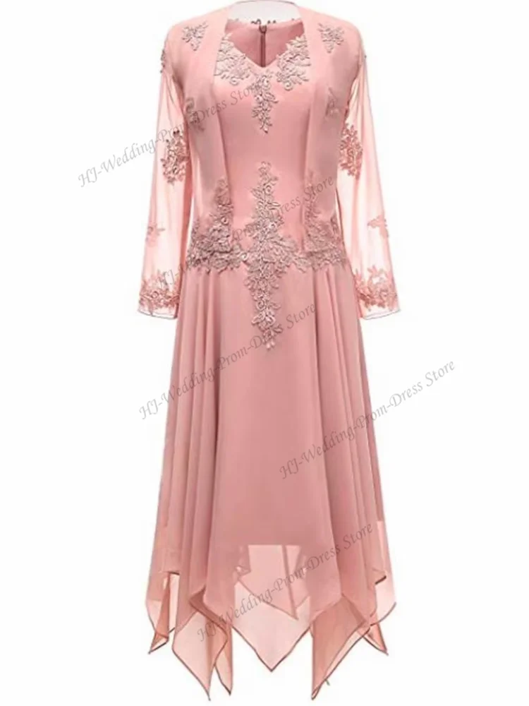 New In Mother of the Bride Dress  A-Line V Neck Knee Length Chiffon Pleats Appliques Wedding Guest Formal Occasion