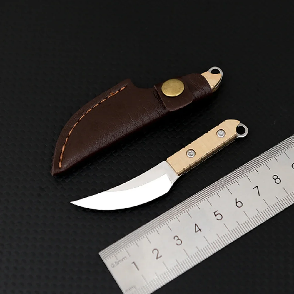 NEW Mini stainless steel knife with brass handle, outdoor portable cutting, unboxing, keychain, knife with small leather case