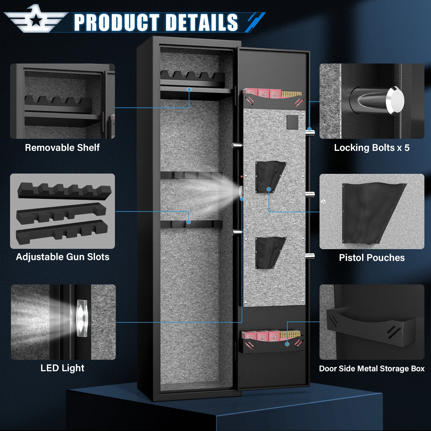 5-6 Biometric Gun Safe, Quick Access Gun Cabinets with LED Light, Gun Safe with Adjustable Gun Rack and Removable Shelf