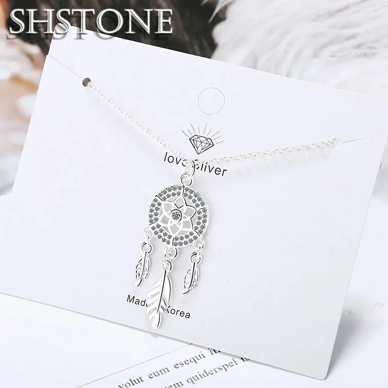 

SHSTONE S925 Sterling Silver Dream Catcher Necklace For Women Simple Carved Zircon Clavicle Necklace