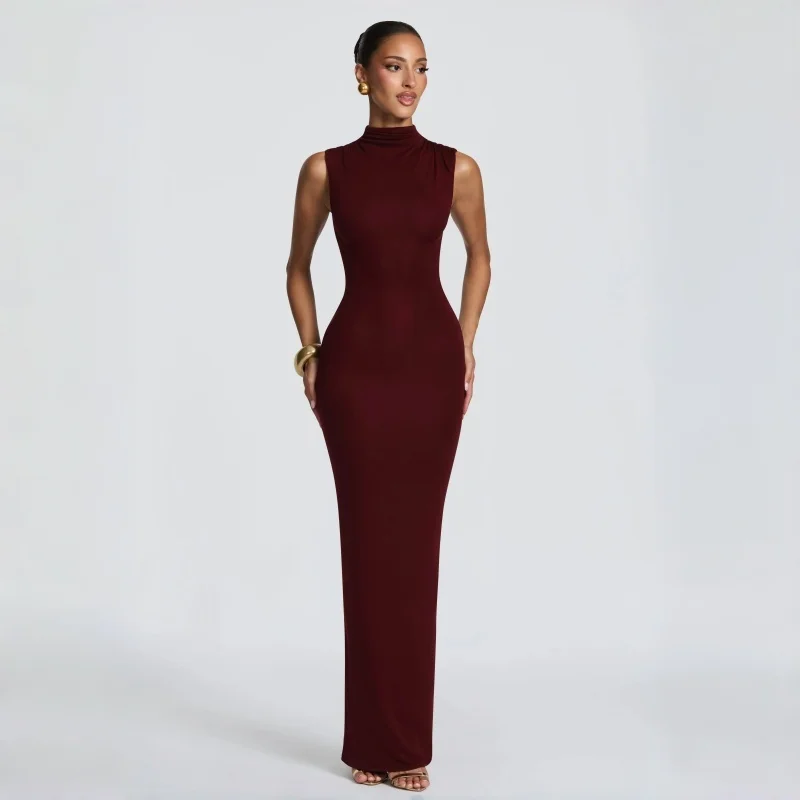 Burgunderrotes, hochgeschlossenes Korsett-Maxikleid, ärmellos, figurbetont, Meerjungfrauen-Stil, langes Kleid für Damen, sexy, schmal geschnitten, elegantes Abendkleid