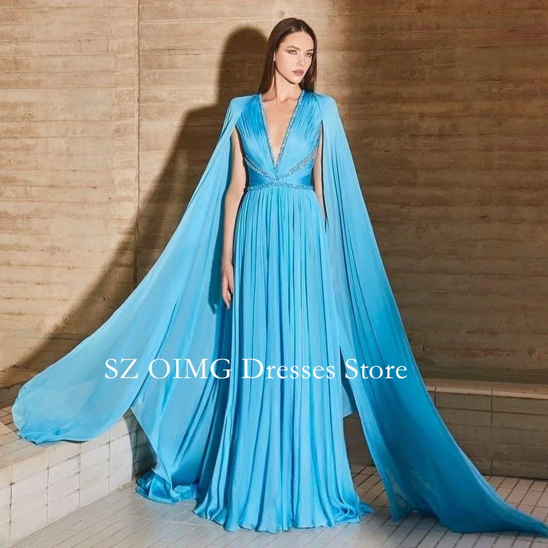 

OIMG Saudi V Neck Women Evening Dress for Wedding Party Dresses Beaded Prom Dresses Zipper Back Ruched Chiffon Long Cape