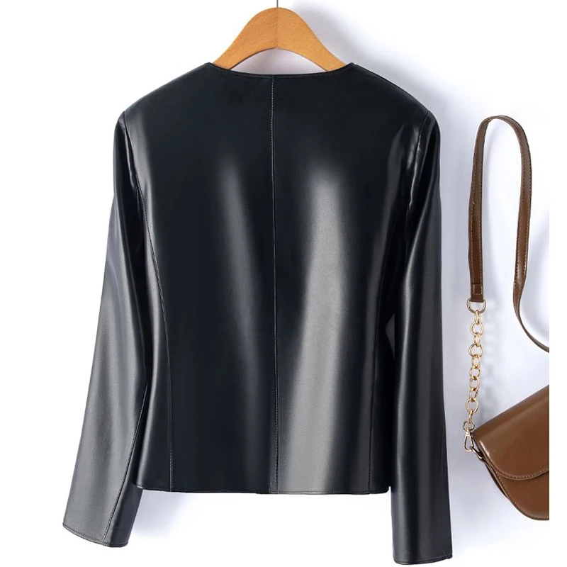 Black O-neck Short Leather Jacket for Women Fashion Single-breasted Pocket Chic Ladies Long Sleeve Split Sheepskin Jackets Coats