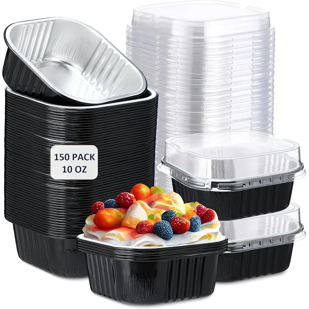 

150 Pack Mini Cake Pans with Lids Disposable Aluminum Foil Baking Cups Desserts Parties Weddings High Temperature Oven Use