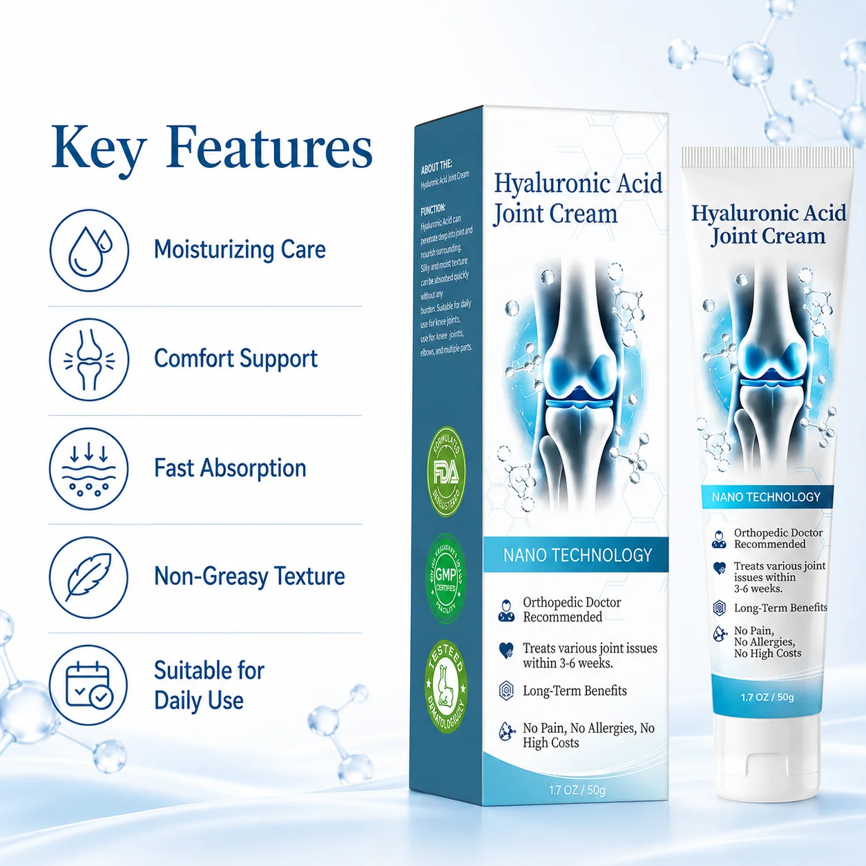 Hyaluronic Acid Joint Cream 50g Nano Technology Joint Care Ointment Relief Discomfort for Knee Shoulder Elbow Muscles