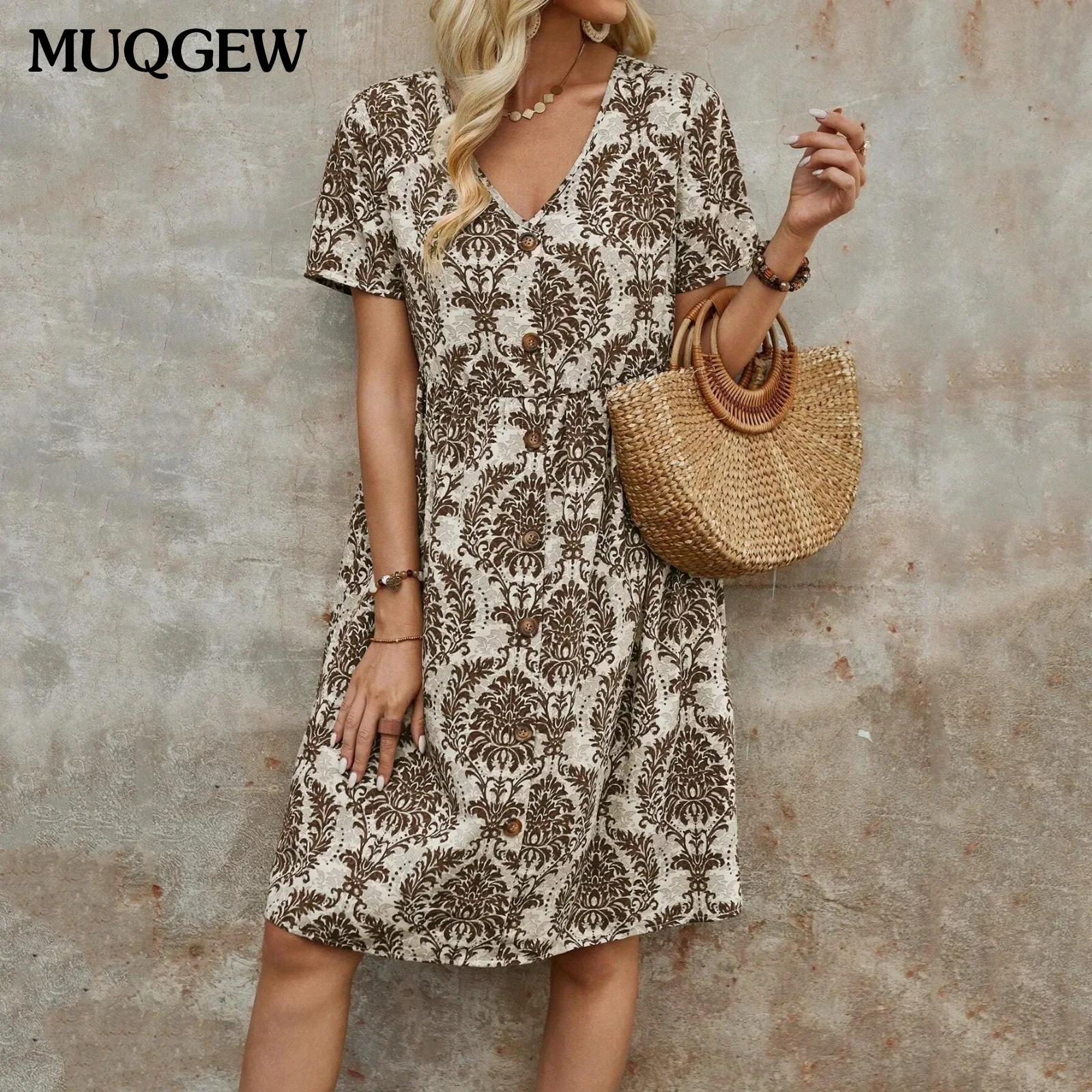 Fashon Women's Dress Bohe Style Short Sleeve Dresses Female Summer Vintage Flower Print V Neck Pullover Dress Female Vestidos