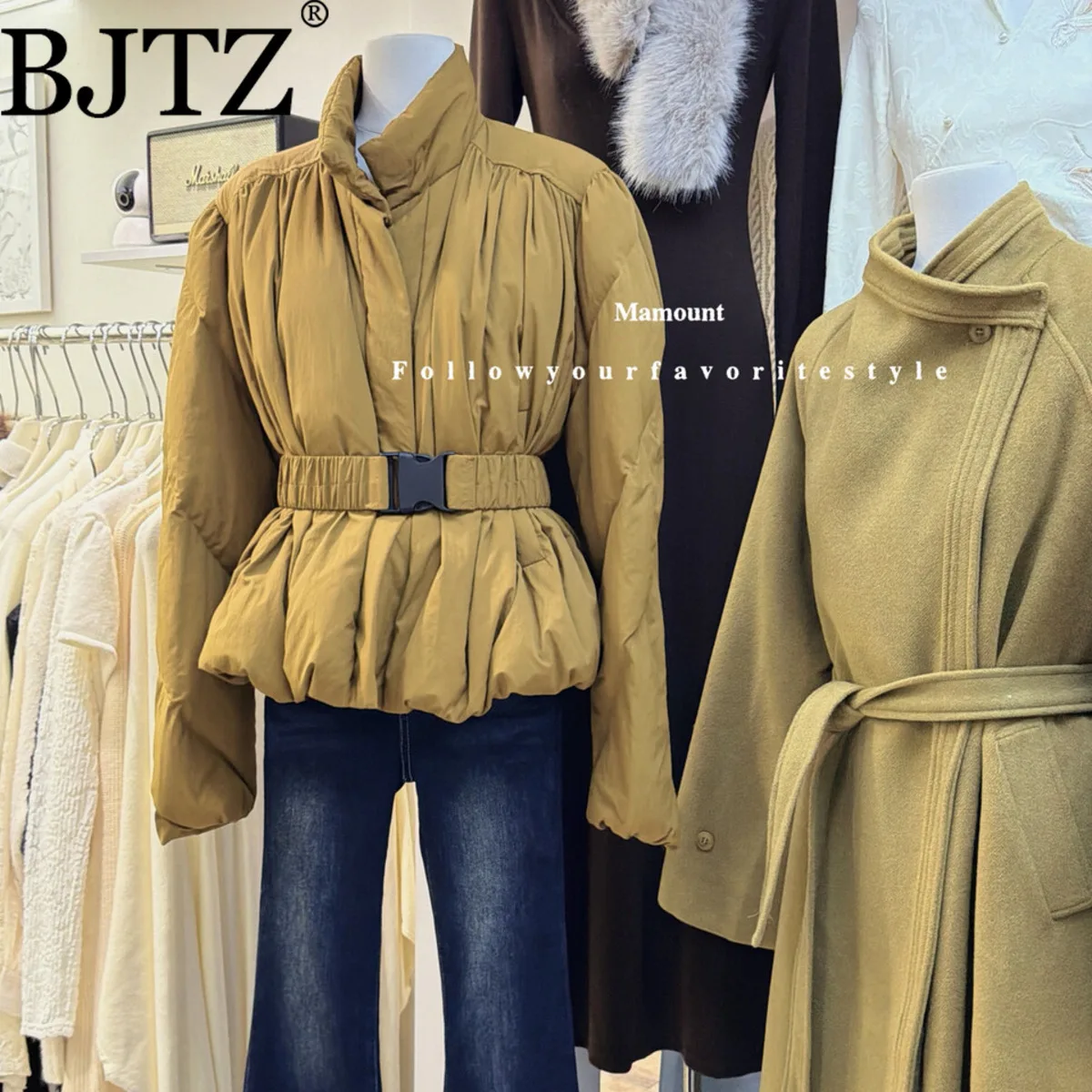 

BJTZ Winter Women Down Coat Belted Stand Collar Insulated Warm Comfortable Elegant Minimalist Premium Autumn Casual Jacket
