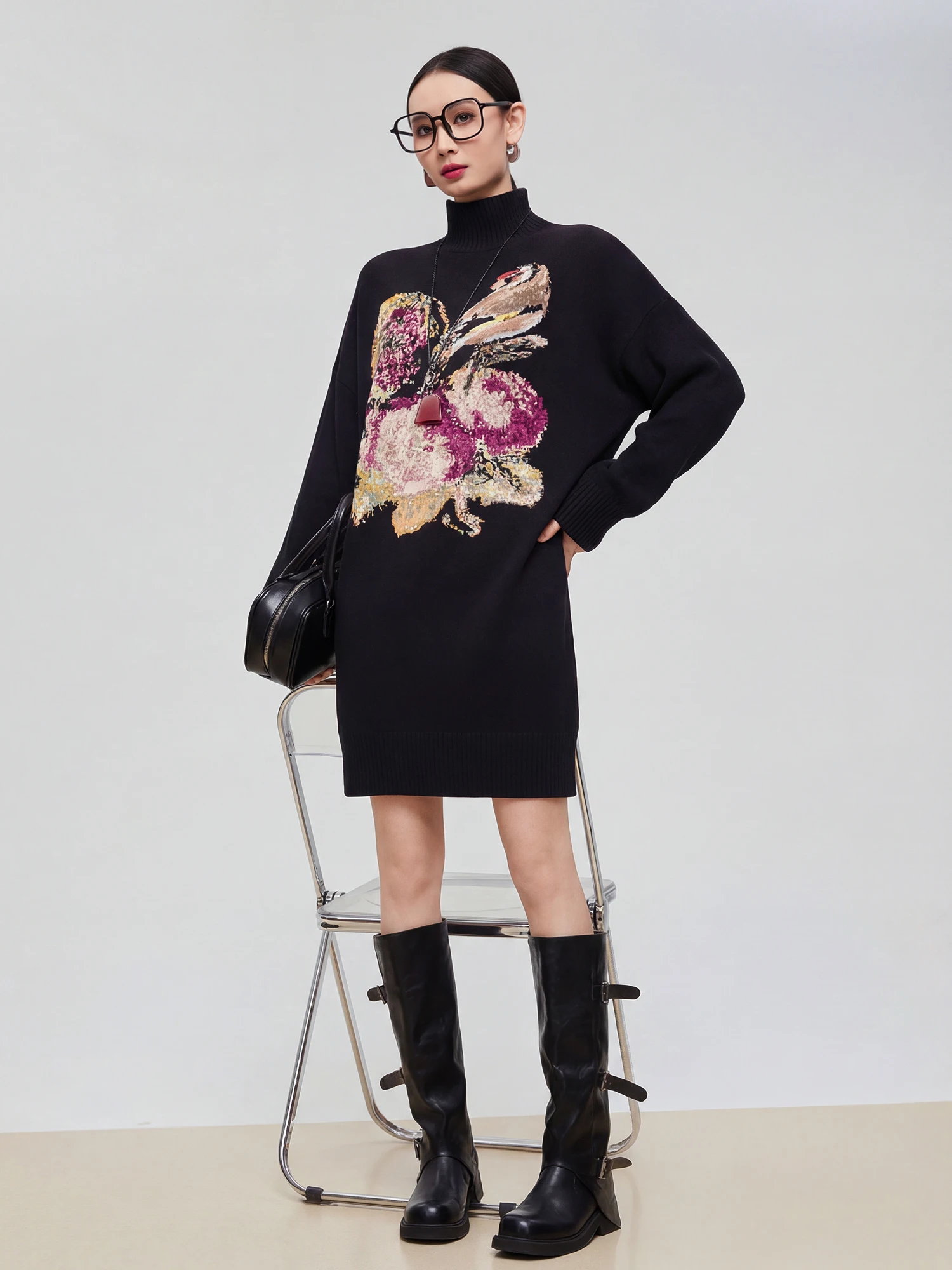 

Ele Bla Flird Embroidery High Collar Knitted Dr Women's Faion Spring New Sle Sweater Dr Ci Commute