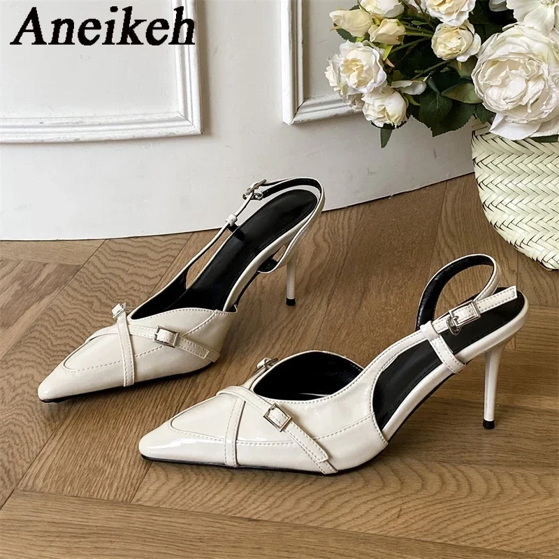 Aneikeh 2025 zapatos de tacón con hebilla para mujer, moda de primavera, tacones finos, puntiagudos, zapatos de fiesta elegantes, boda, negro