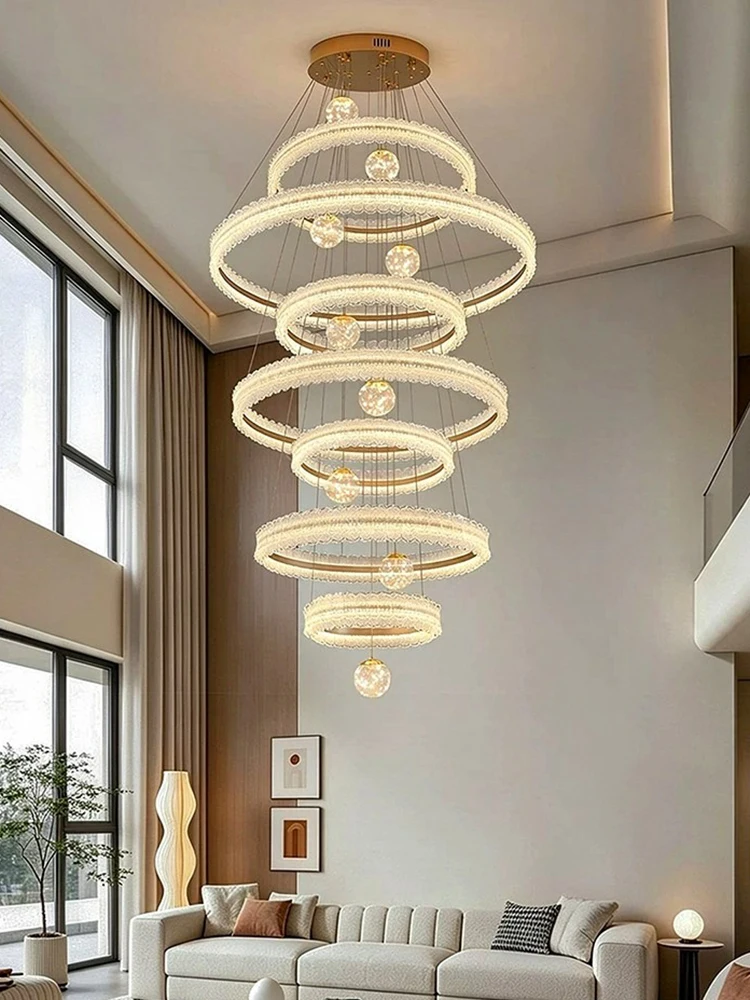 Modern style villa living room chandelier, double-story building suspended staircase light, indoor lighting fixtures
