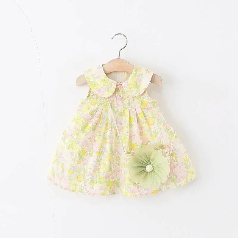 

Girls Floral Print Dress, Infant Peter Pan Collar Sleeveless Sundress Cute Pattern Casual Summer Dress Forgirls with Flower Bag
