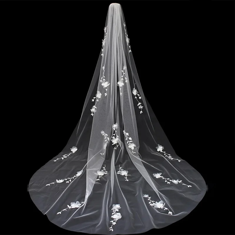 Romantic 3D Flowers Wedding Veil for Bride Chic 3 Meters White Ivory Cathedral Lace Bridal Veils Soft Tulle Vestidos novias boda