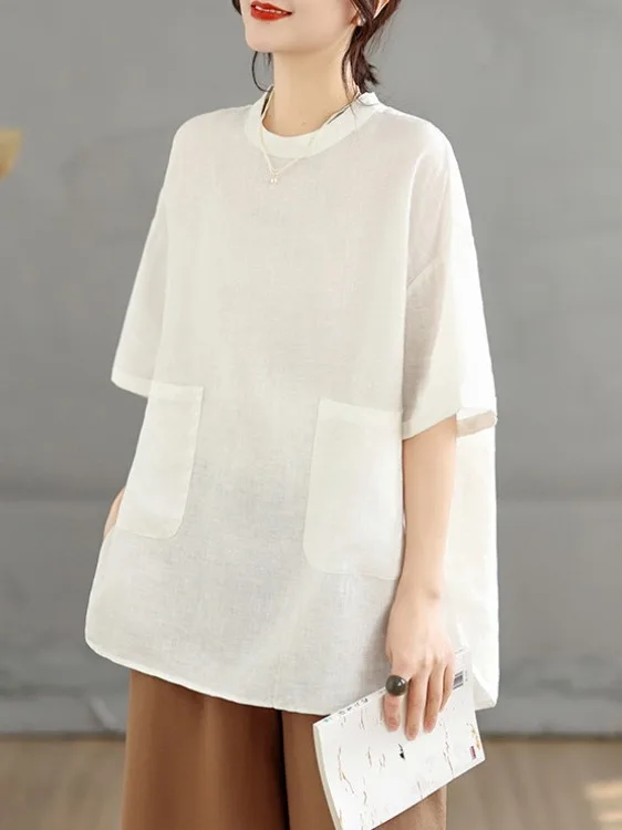 

Новая летняя женская рубашка-поло средней длины с разрезами, рукавами 3/4, круглым вырезом, из хлопка и льна, больших размеров, повседневная, для работы и отдыха