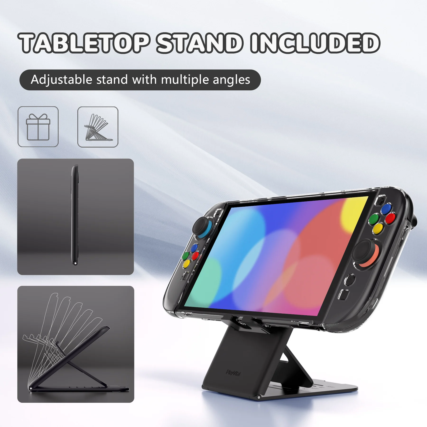 플레이바이탈 닌텐도 스위치 2용 도킹 가능 그립 커버, 스크래치 방지 투명 보호 케이스 (접이식 스탠드 및 썸 그립 포함)