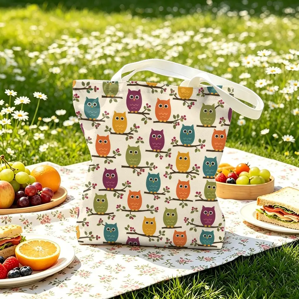 Bright Colorful Owls Storage Bags Canvas Double-Sided Print Women Large Tote Bag Durable Beach Picnic Foldable Gift Eco