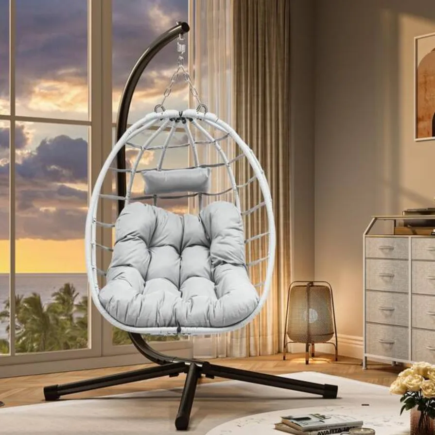 

Gray Wicker Patio Swing Hanging Egg Chair with Steel Stand UV Resistant Cushion