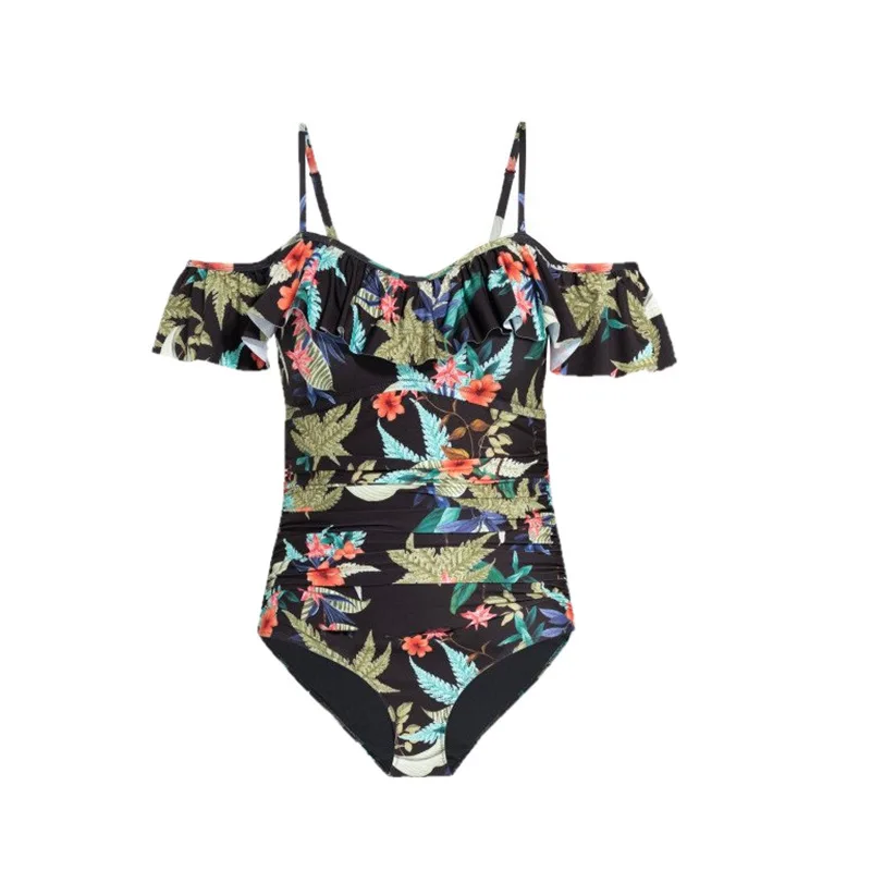 ملابس سباحة نسائية أوروبية وأمريكية جديدة لعام 2025 قطعة واحدة، كتف كلمة واحدة مقاس كبير بالإضافة إلى ملابس سباحة قطعة واحدة مطبوعة بالدهون