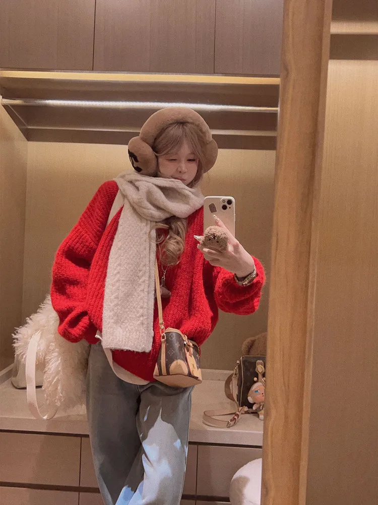

Yukiss Red Soft Wool Blend Knitted Sweater Women's Loose Warm Top Autumn Winter Korean Sle Pullover Faion Commute Sle