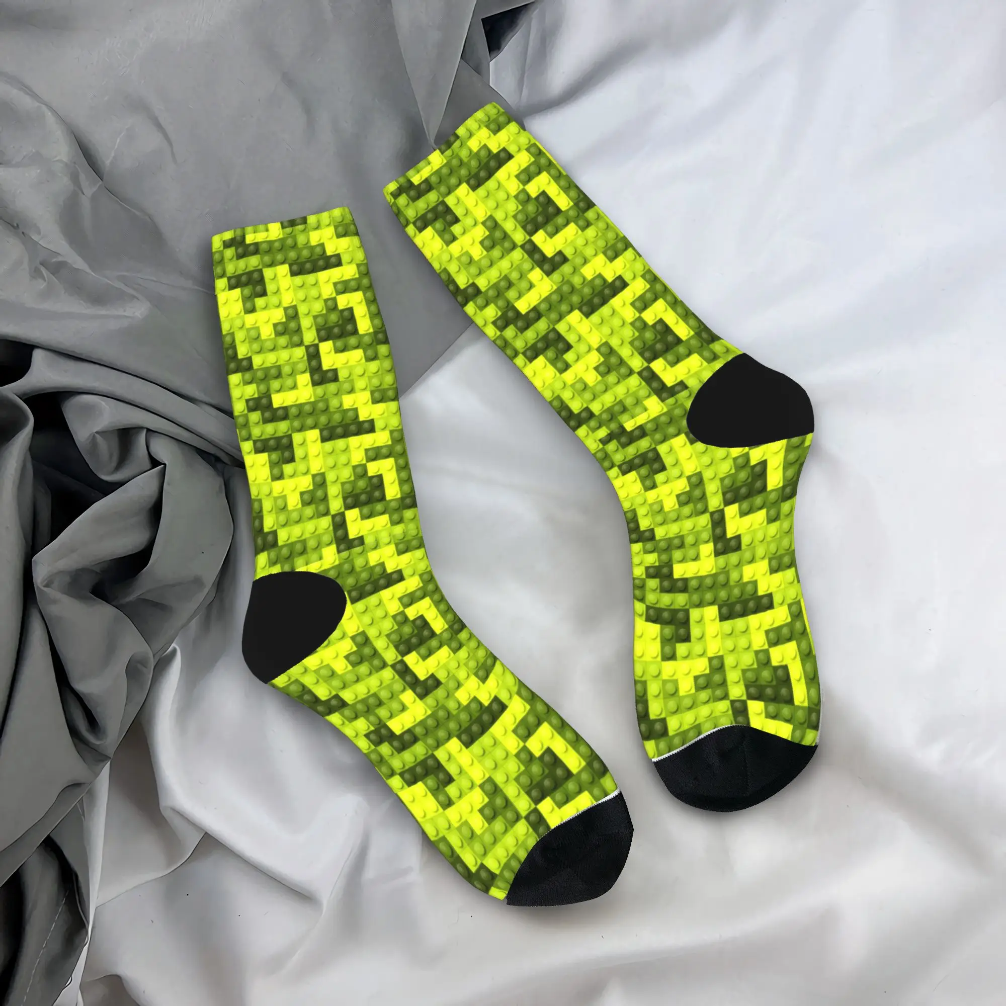 Lime Green Yellow Building Blocks Socks  Retro Stockings Spring Non-Slip Men Socks Comfortable Printed Climbing Socks