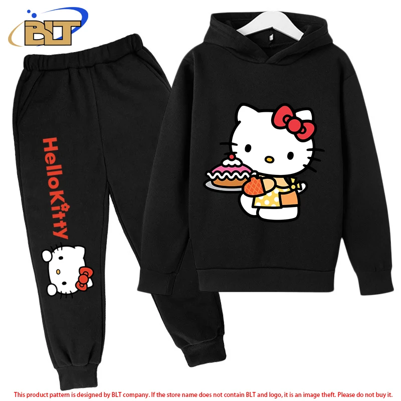 HeIIoKitty children's fleece hoodie set black sports sweatshirt pants 2-piece set suitable for boys and girls