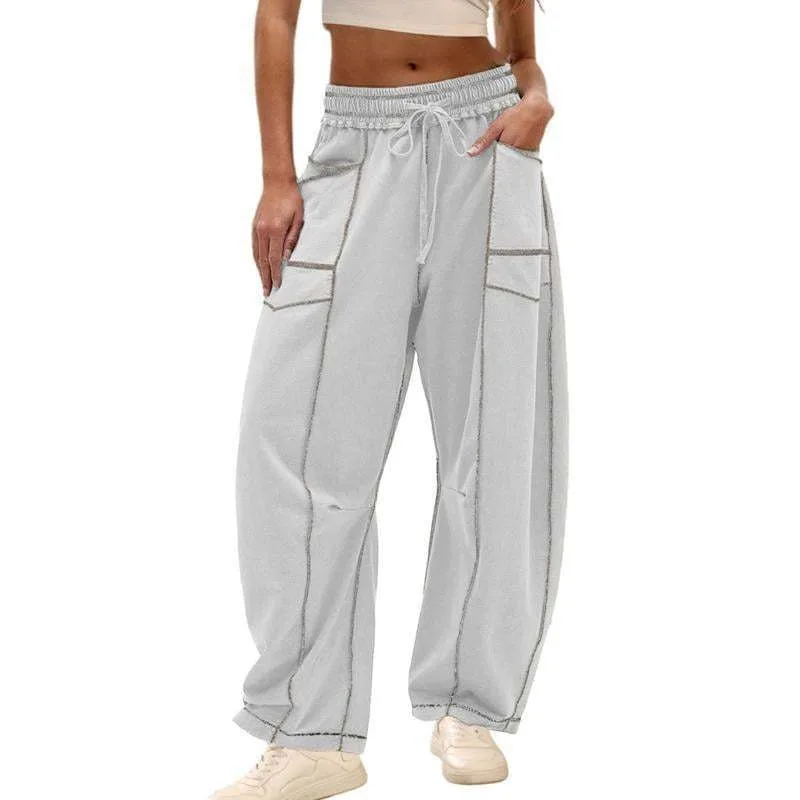 2025 Autumn Winter Fashion Patchwork Loose Casual Pants Women Elastic High Waist Drawstring Pocket Versatile Streetwear Trousers