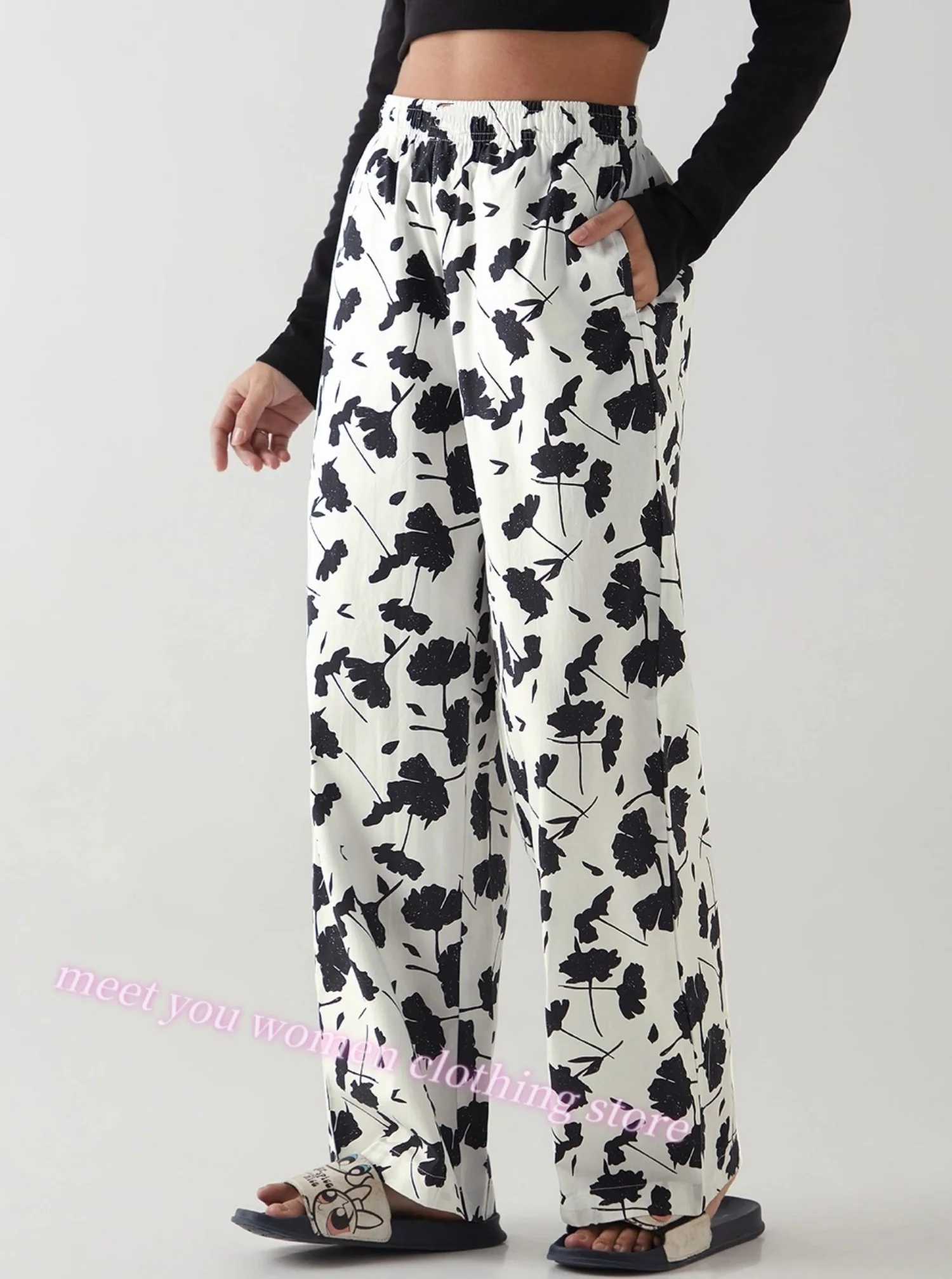 Spring Women's Pajama Pants Straight-Leg Thin Ginkgo Leaves Print Casual Daily Adults Home Pajama Trousers Women Clothing