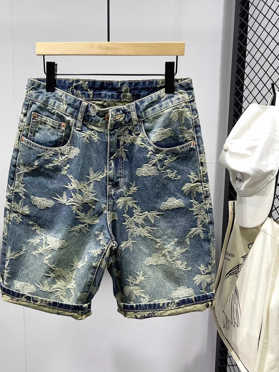 

American Retro Floral Embroidery Workwear Jeans orts Men's Summer Five-Point Casual Straight Leg mid Waist Length Pants