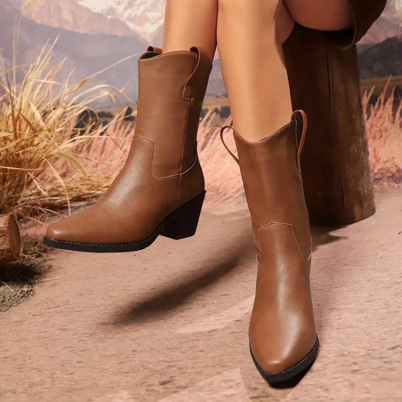 Female Western Cowboy Mid-Calf Boots Vintage Daily Women Square Toe Chunky High Heel Short Boot