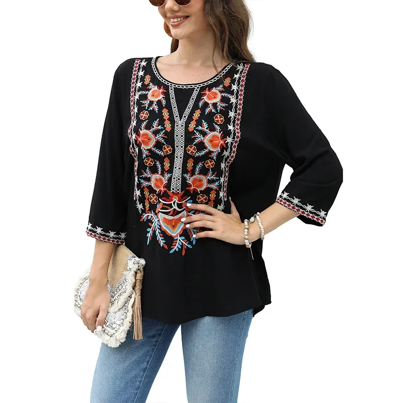 

Eaeovni Women'sV Neck Casual Summer Blouse, Boho Embroidered Mexican Peasant Tops Short Sleeve Shirts Casual Blouse Loose Tunics