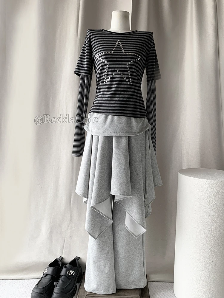 ReddaChic Wrappd Gray Sweatpants Lounge Elastic Waist Wide Leg Irregular Skirt Layering Trousers Grunge Korean Women Clothes