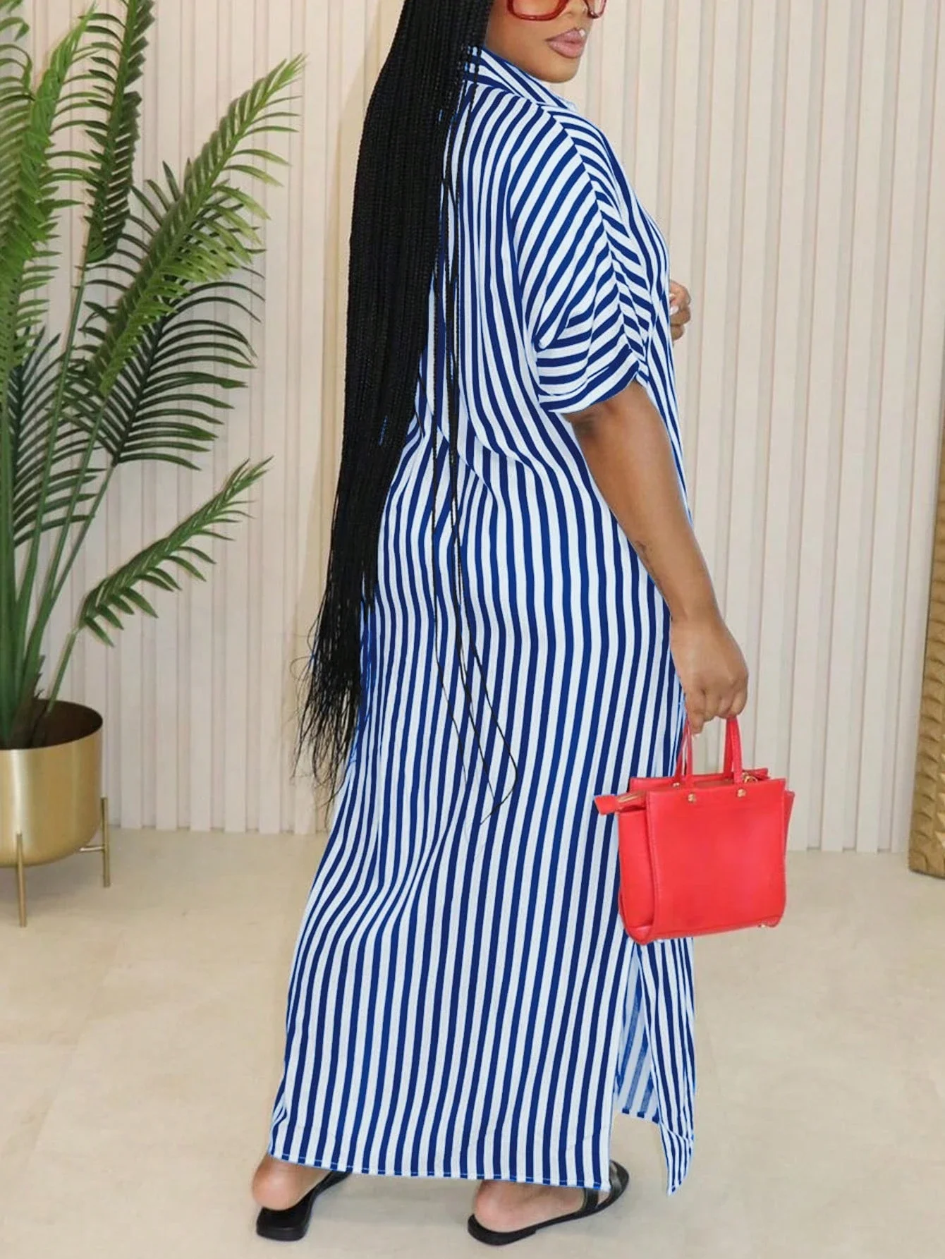 

Plus Size Women Striped Shirt Dress With Front Slit